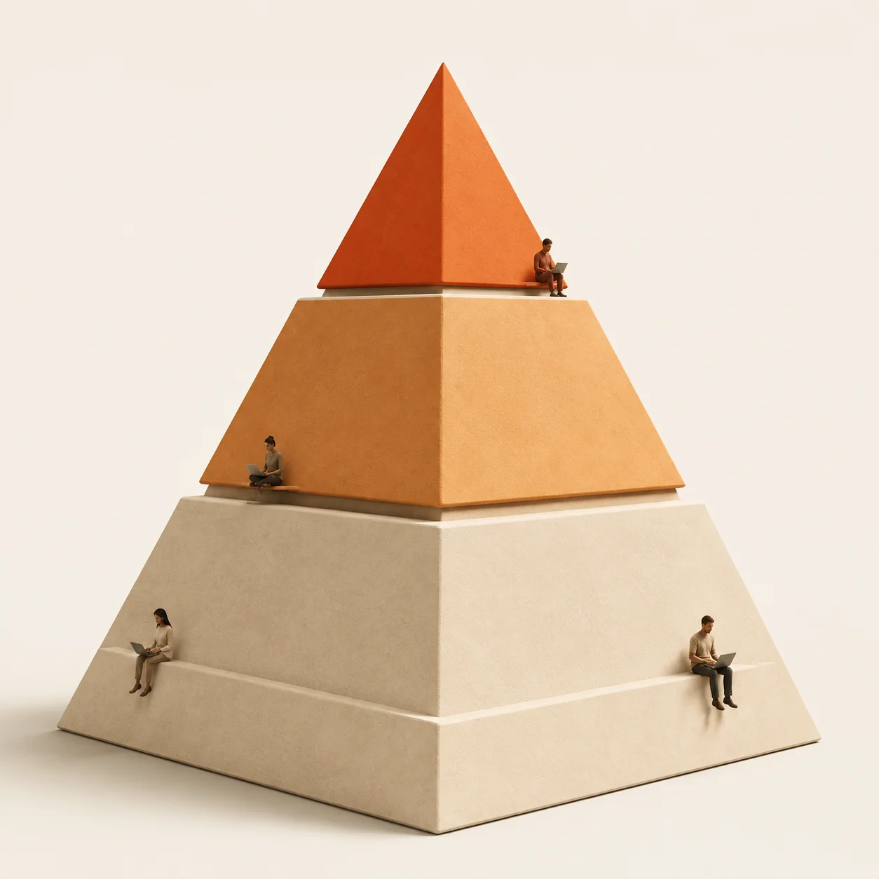 A sculptural three-tier pyramid: a broad base for occasional users, a middle for exploring users, and an orange summit for champions.